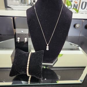 Elegant 925 Silver Jewelry Set With CZ  Necklace, Bracelet, and Earrings
